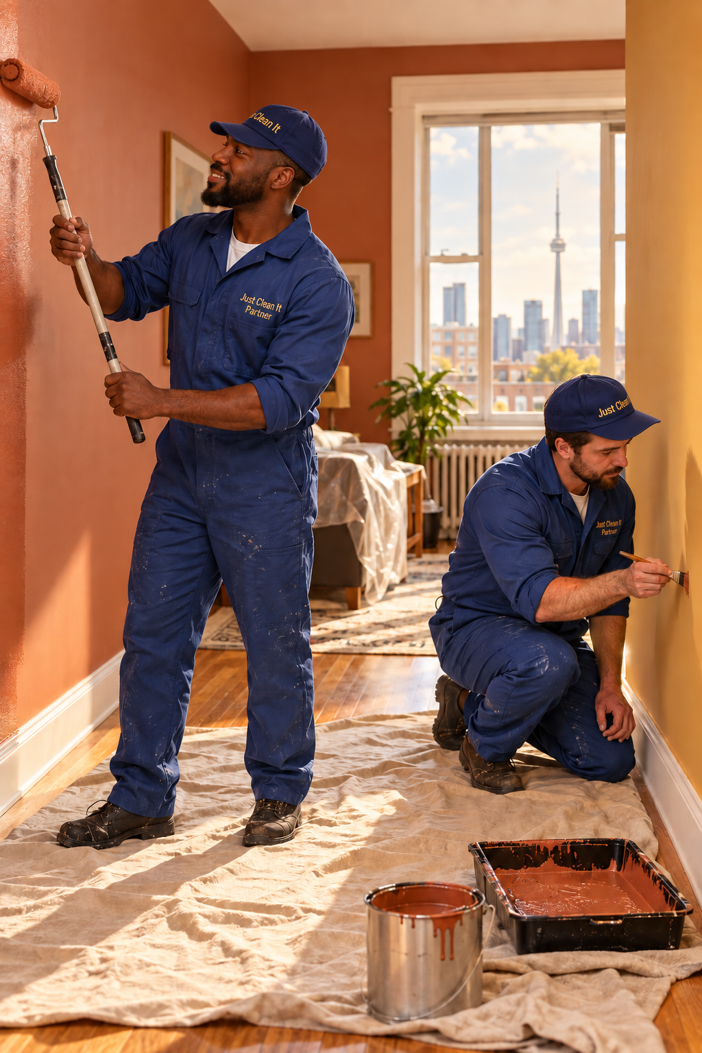 Two Just Clean It male partners in blue coveralls painting a warm, colourful apartment